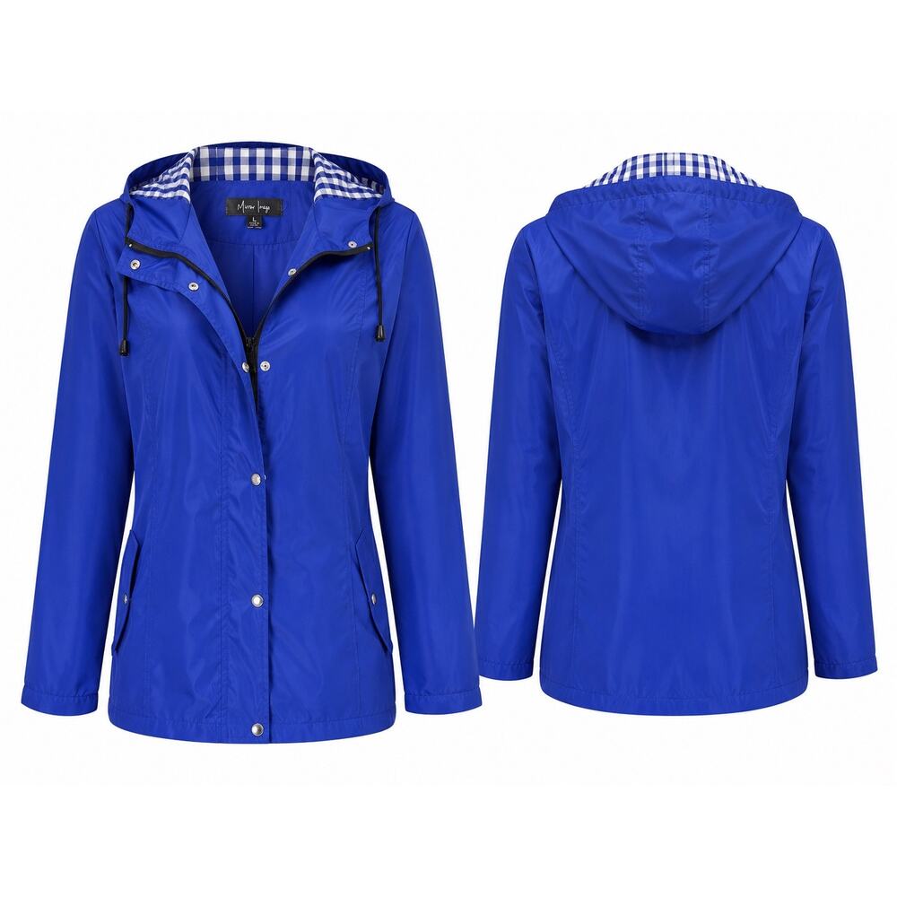 Royal Blue Hooded Rain Jacket Women’s Large Lightweight Windbreaker Gingham